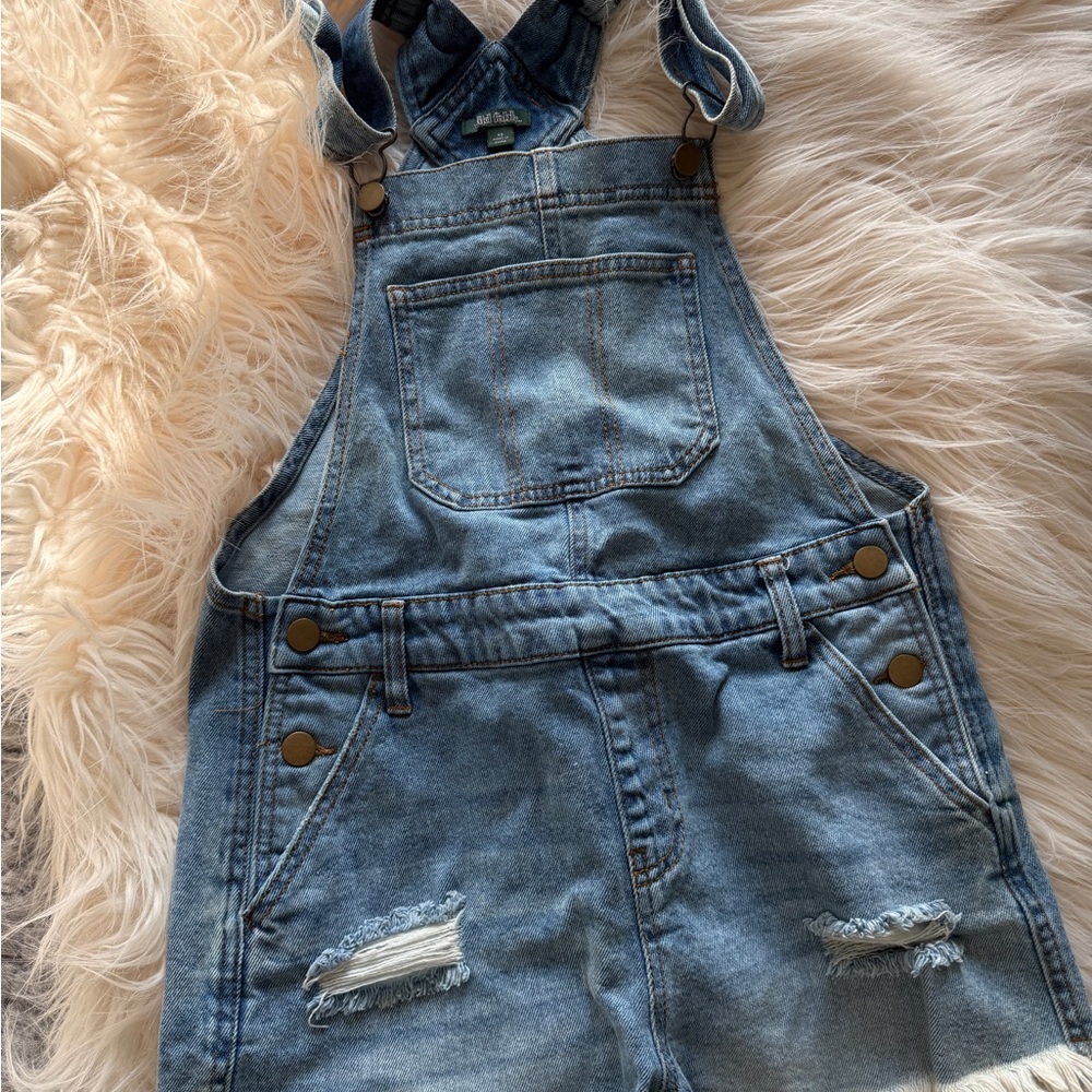 Denim Shorts Overalls with Distressed Details
